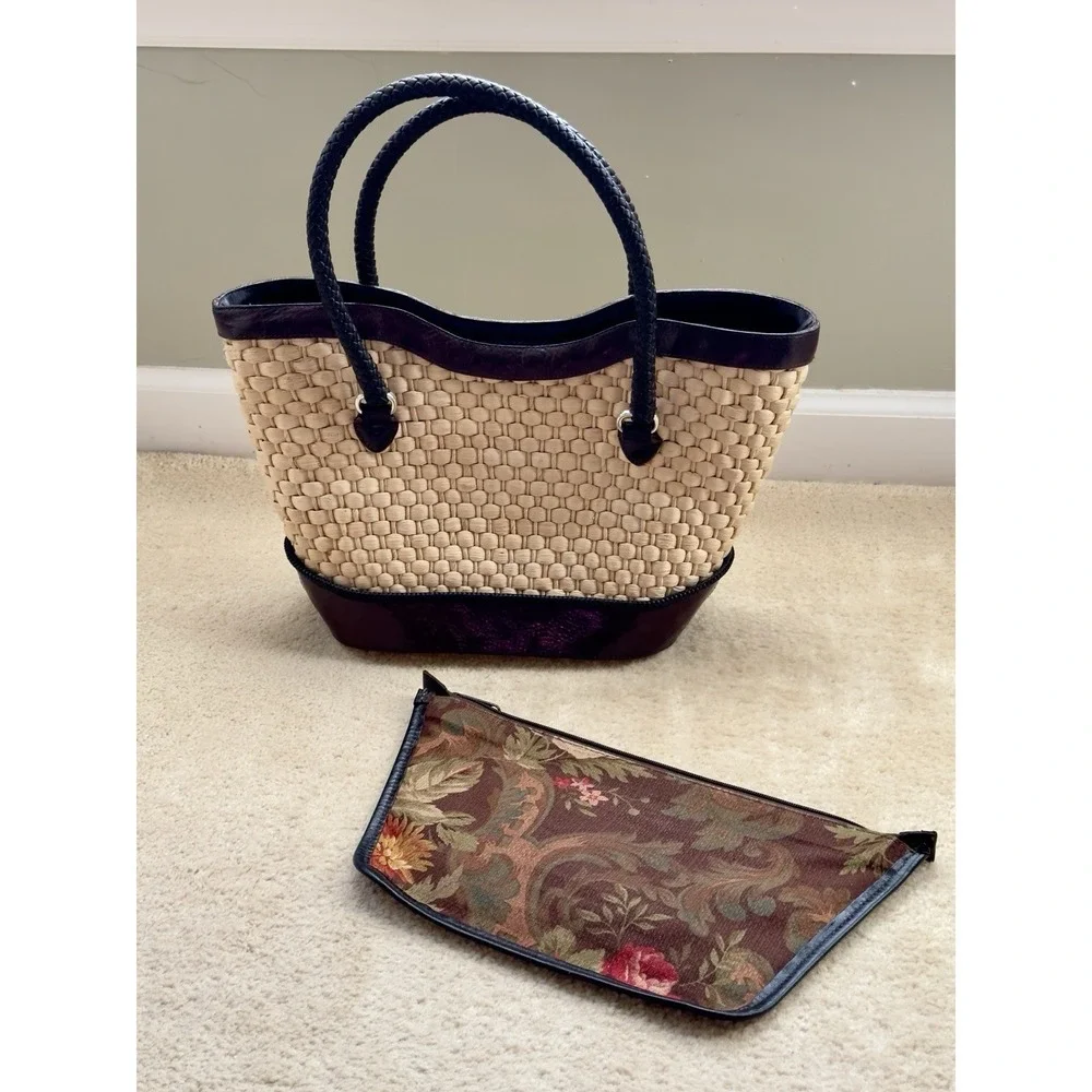 Brighton Vintage Straw Leather Tote, Floral Print Lined Purse‎ With Dust Bag